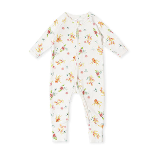 Baby Zip Romper with Australian flora design-Indigo & Lellow